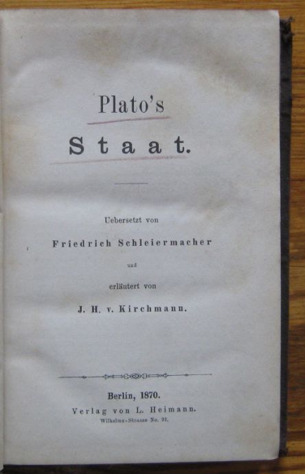 PLATO'S STAAT, FRIEDRICH SCHLEIERMACHER, 1870